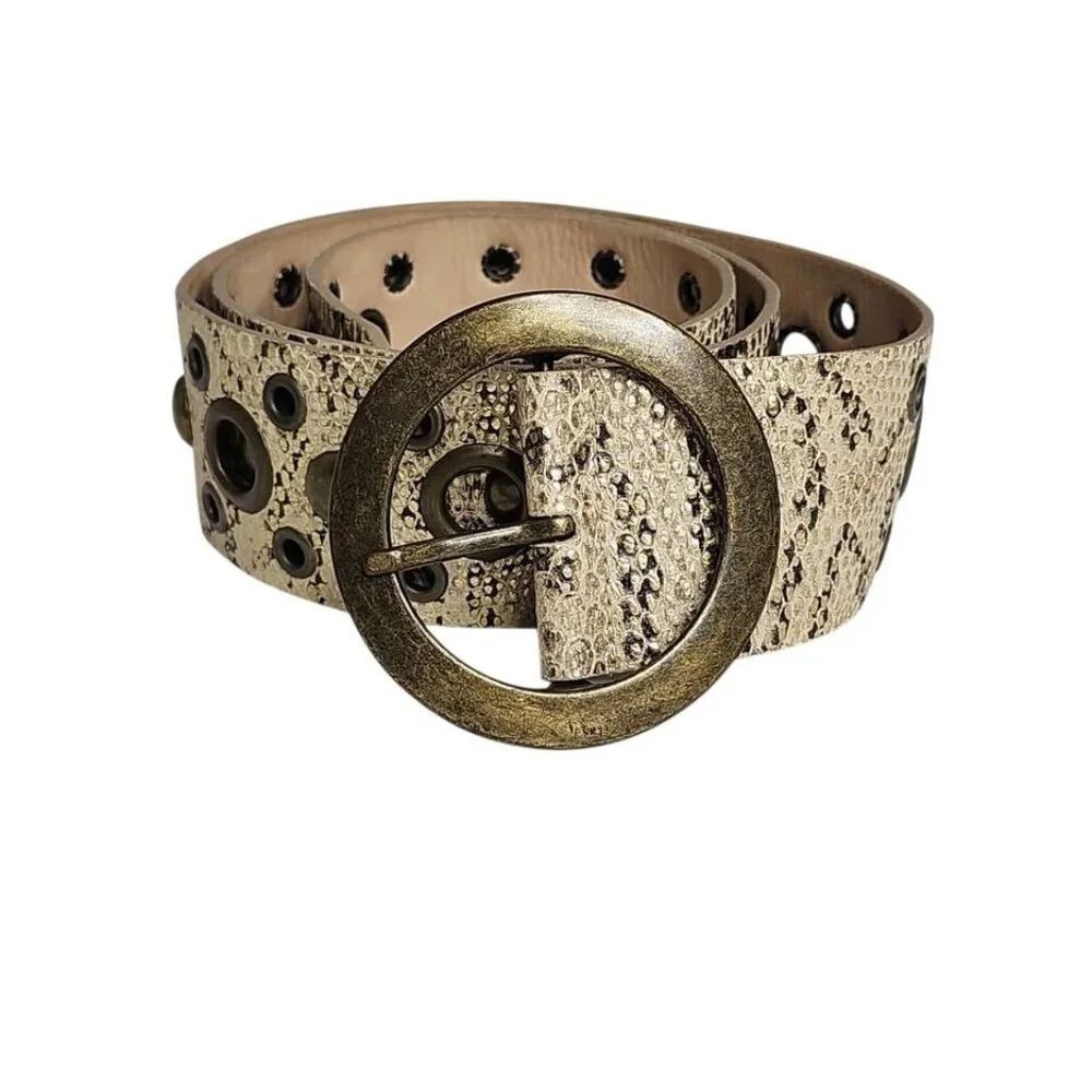 Streets Ahead Retro Wide Western Snakeskin Print Leather Belt with Brass Buckle - Picture 3 of 8